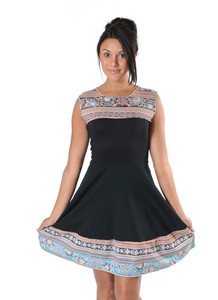 ... Women's Black Multi Floral Stripe border Skater Casual Day Dress