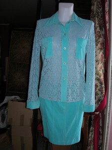 tailleur MARIAGE veste jupe dentelle bleu turquoise FEMINITIF Paris 40