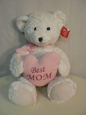Russ White Plush Bear with BEST MOM on Heart Pillow Large 15