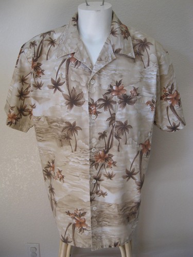 Mens Cal Top L Hawaiian Shirt Beige Khaki Floral Palm Aloha Print Classic Large Usd 18 99 End Date