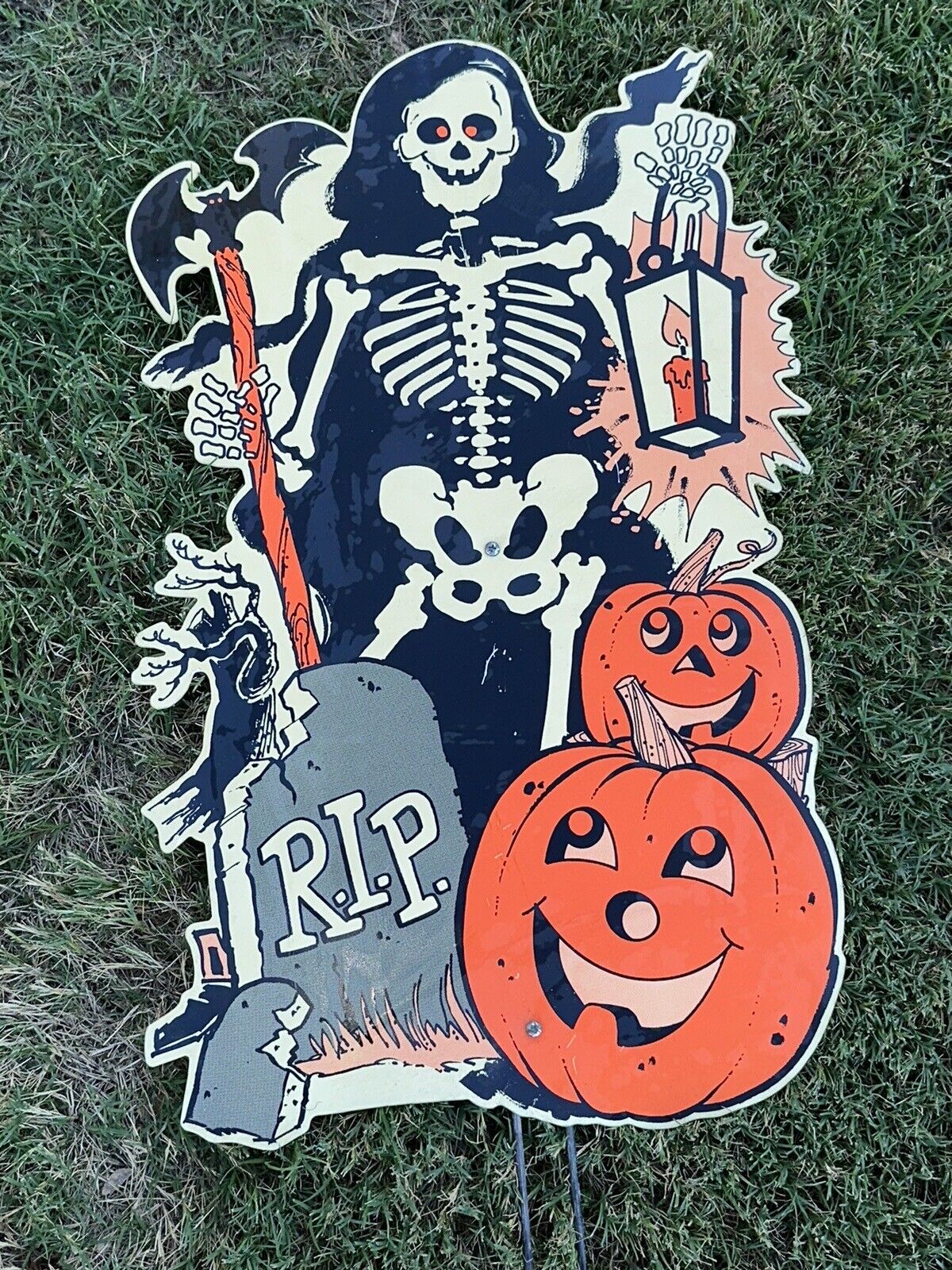 vtg 90s Halloween 28" plastic sign grim reaper Skeleton skull death