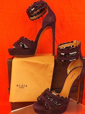Pre-owned Alaïa Alaia Violet Suede Black Patent Ankle Strap Platform Sandals Pumps 38.5 $2k In Violet/black