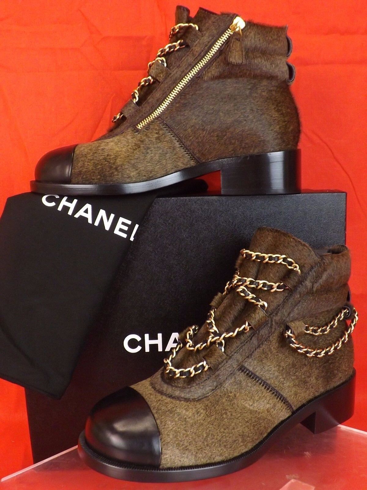 Pre-owned Chanel Brown Gold Charms Chain Black Cap Toe Pony Hair Ankle Boots 38.5 $2k In Browb/black/gold