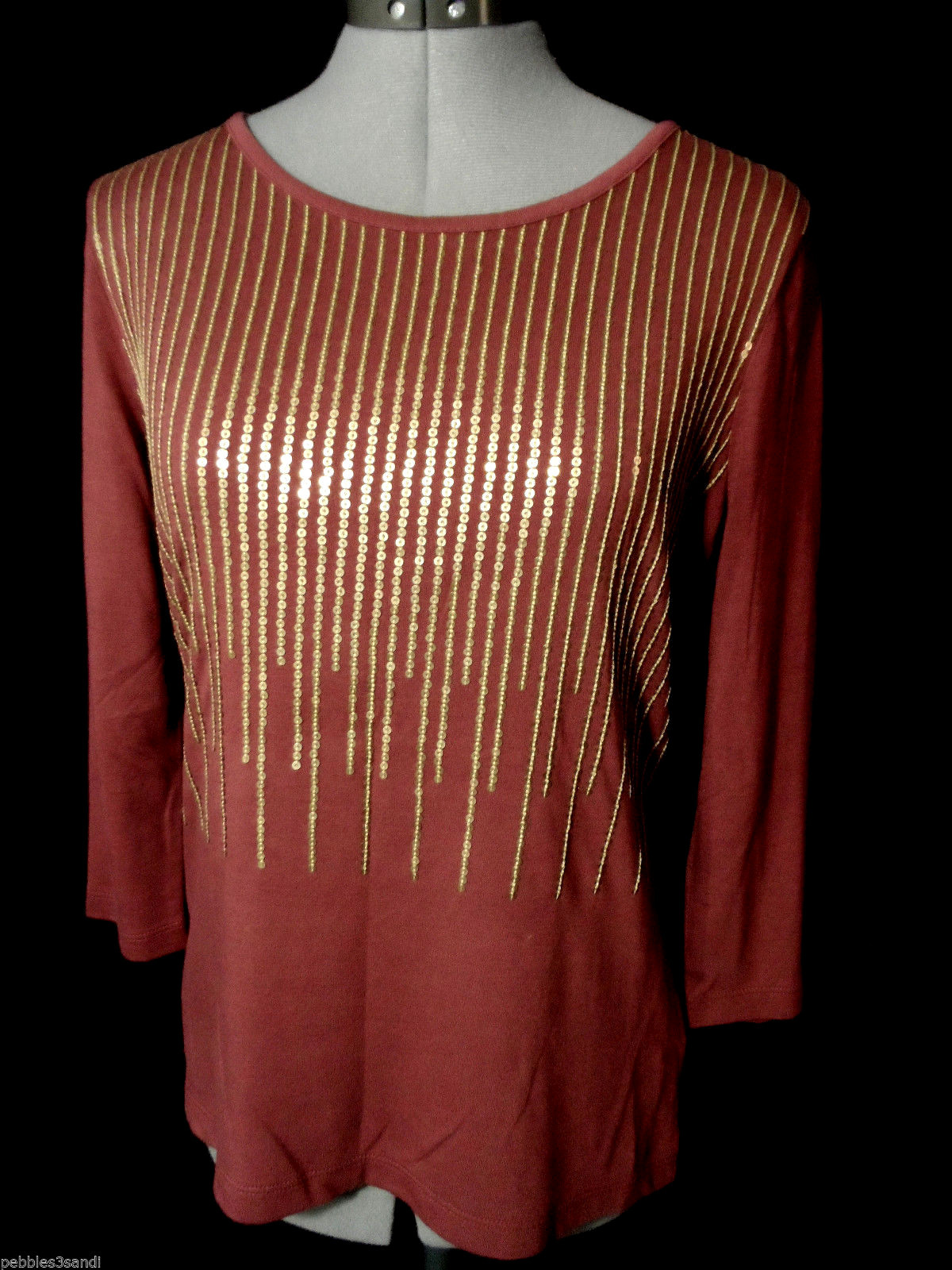 UPC 081492000075 product image for Liz Sequin Tee Shirt Top Womens Burgundy Scoop Neck Dressy Blouse 3/4 Sleeve | upcitemdb.com