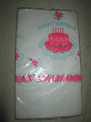 Vintage TABLECLOTH - Pink Bday Cake PAPER TABLECLOTH in Pkg BEACH PRODUCTS