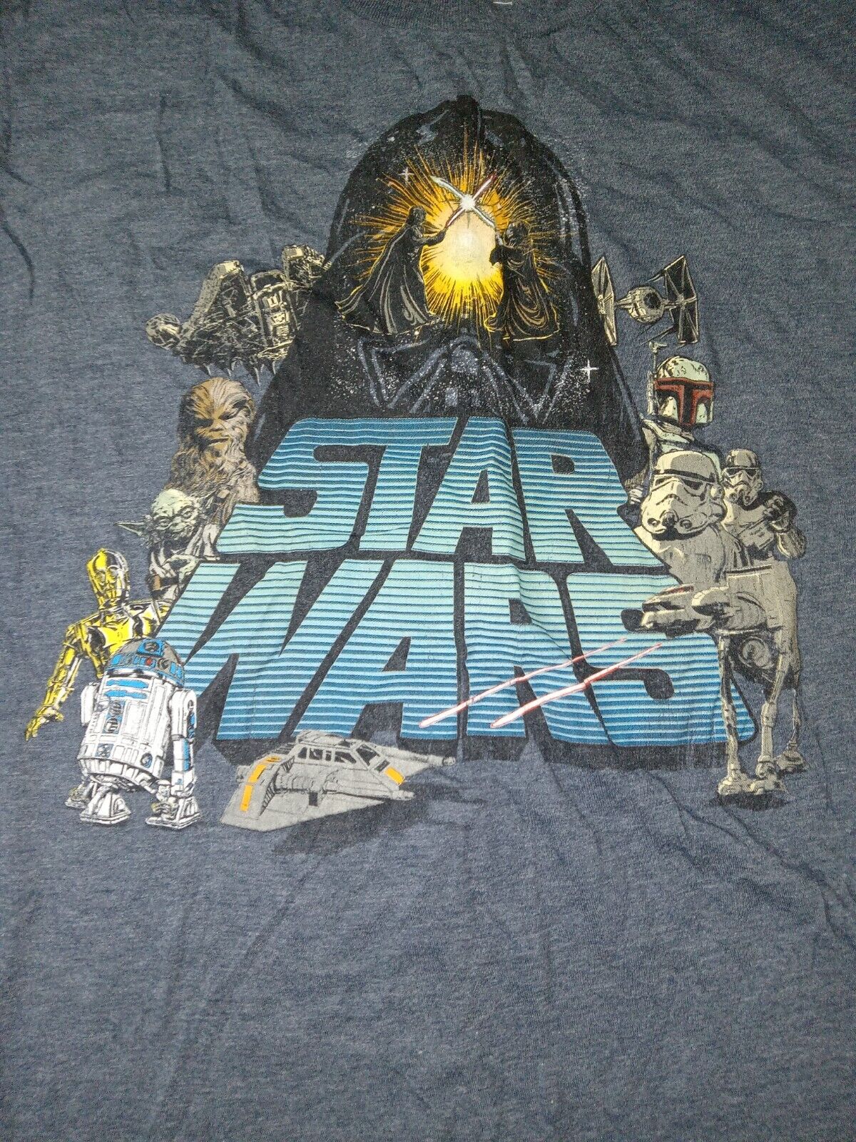 Star Wars Blue T Shirt Men's XL Darth Vader Yoda R2D2 C3PO Mad Engine
