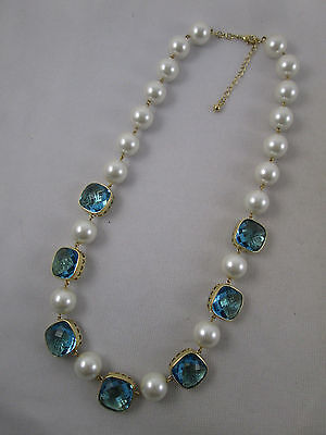 BIG Faux Pearl & Faceted Blue Glass Necklace Signed B China Gold Hearts Best