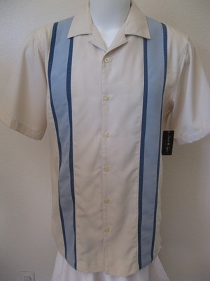 new 50s rockabilly retro bowling shirt xl beige blue panel 2tone 