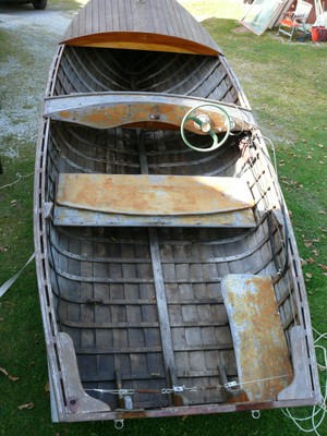 ca 1950 OLD TOWN RUNABOUT Closed Bow 2 Bench Seats + 1 Motorman Seat w Trailer