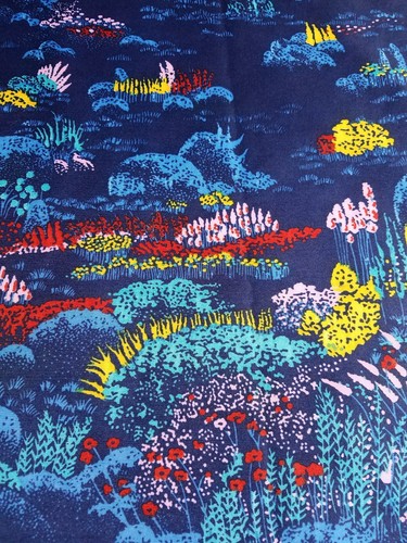 VTG fabric 3+ yards polyester navy underwater garden night floral border print