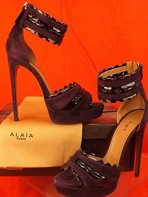 Pre-owned Alaïa Alaia Violet Suede Black Patent Ankle Strap Platform Sandals Pumps 38.5 $2k In Violet/black
