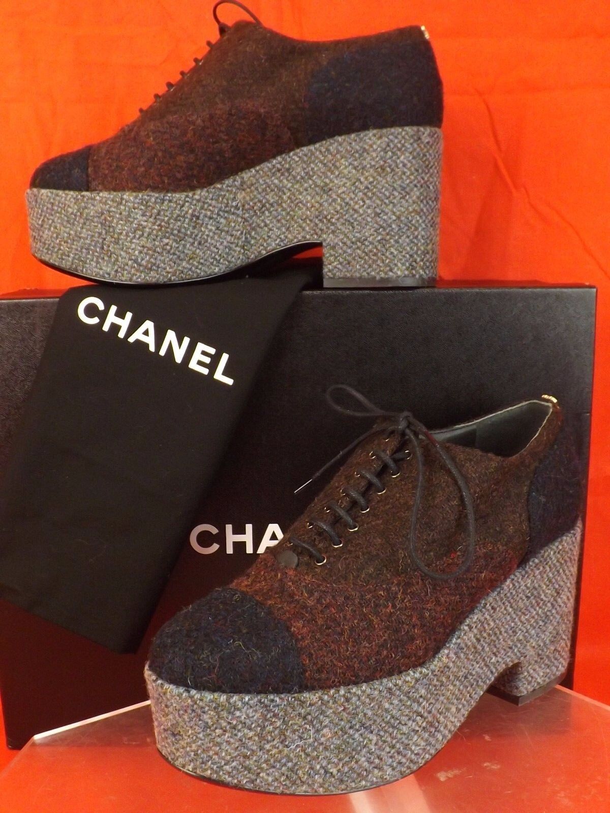 Pre-owned Chanel G31343 Burgundy Two Tone Tweed Cc Platform Oxfords Wedge Heel 39.5 9 In Red