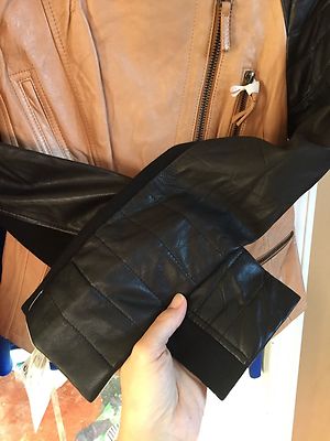 Pre-owned Zara Size M -  Leather Biker Jacket With Zips Two Tone Black Camel Beige Coat In Black/ Camel/ Beige