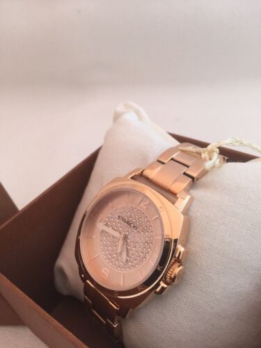 Pre-owned Coach Auth  Womens Mid Size Rose Gold Crystal Logo Watch 14502002