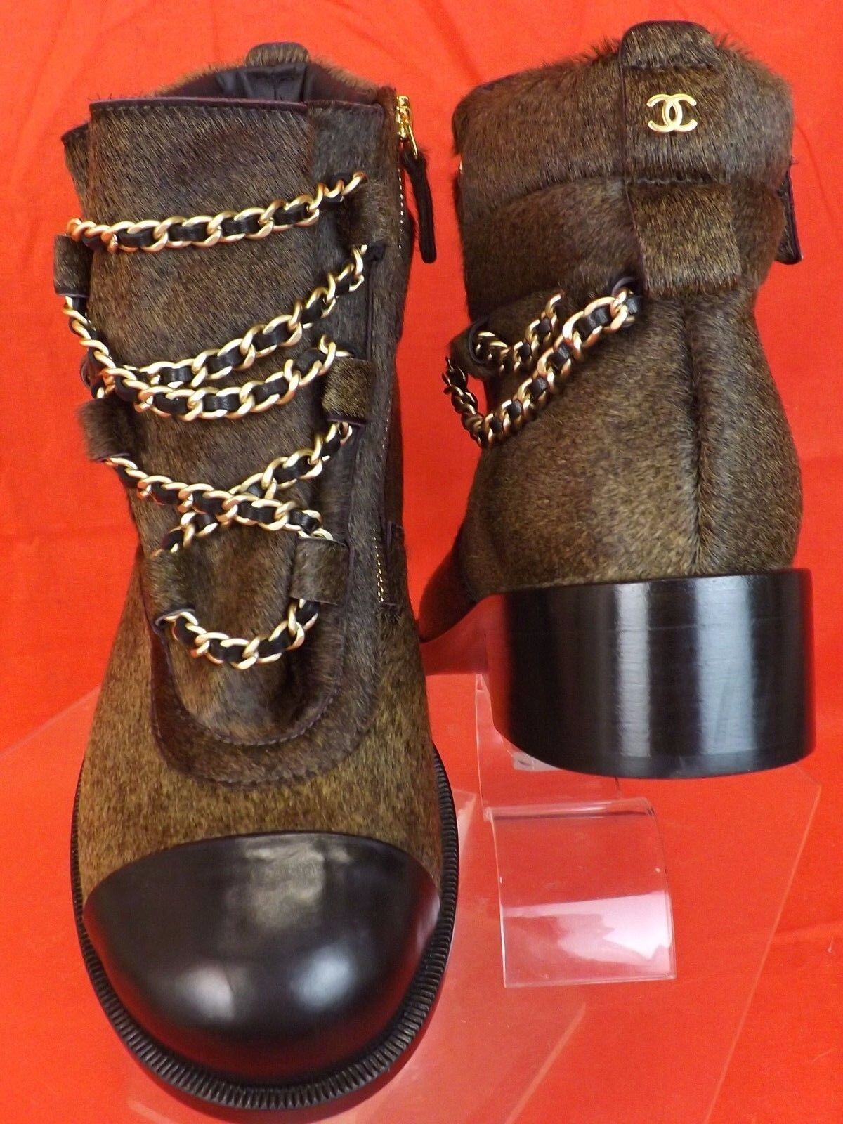 Pre-owned Chanel Brown Gold Charms Chain Black Cap Toe Pony Hair Ankle Boots 38.5 $2k In Browb/black/gold