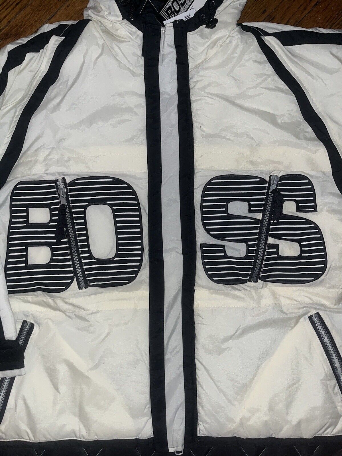 Vintage Hugo Boss Bomber Jacket Size XL White Embroidered Zip Up 90s Parka RAVE