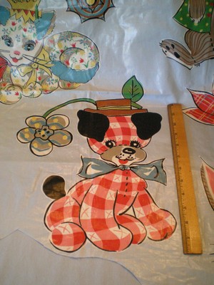 Vintage Oilcloth Fabric Panel w Animals ~Rabbit/Cat/Dog/Bear ~Old Chintz Piece