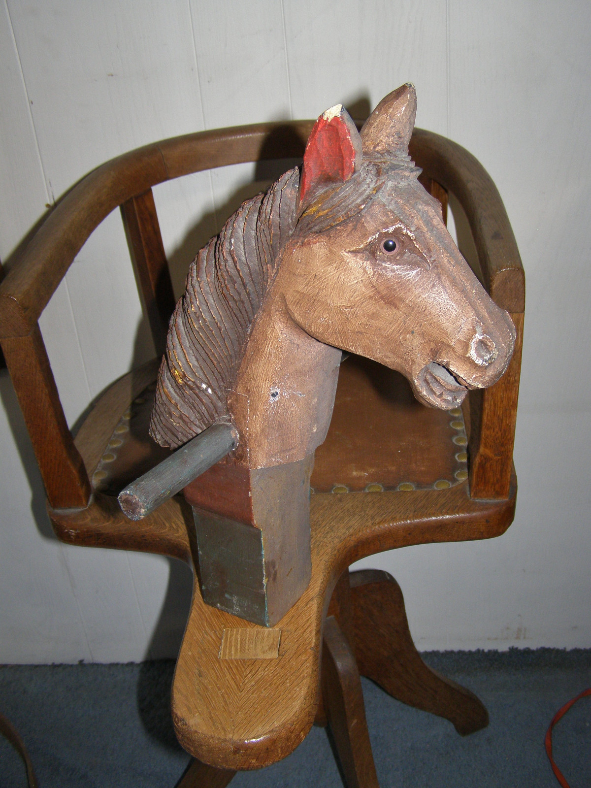 ANTIQUE OAK CHILD'S BARBER CHAIR w/ Carved Wood Horse