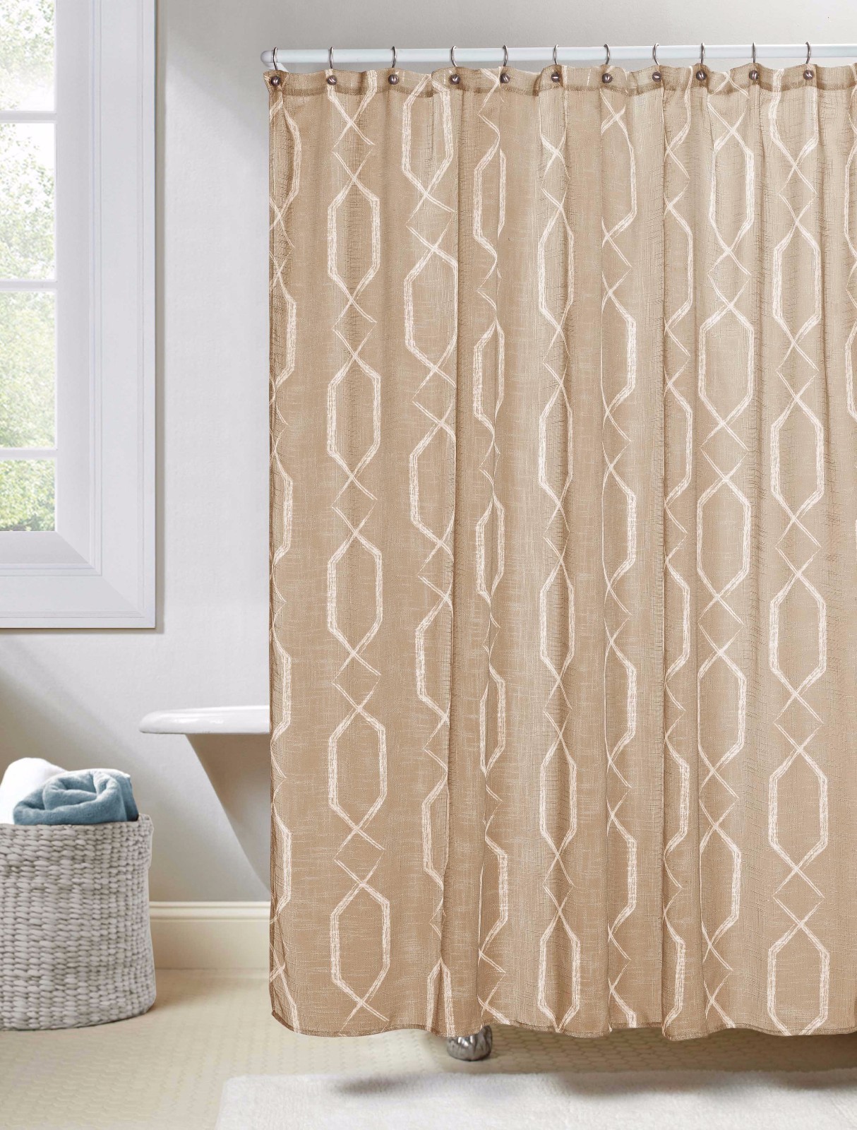 Taupe Linen Textured Sheer Fabric Shower Curtain White Geometric