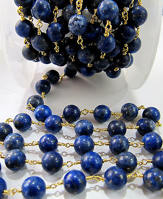 3 Feet Lapis Lazuli 8-9mm Round Beads Rosary Chain Gold Plated- AAA Best