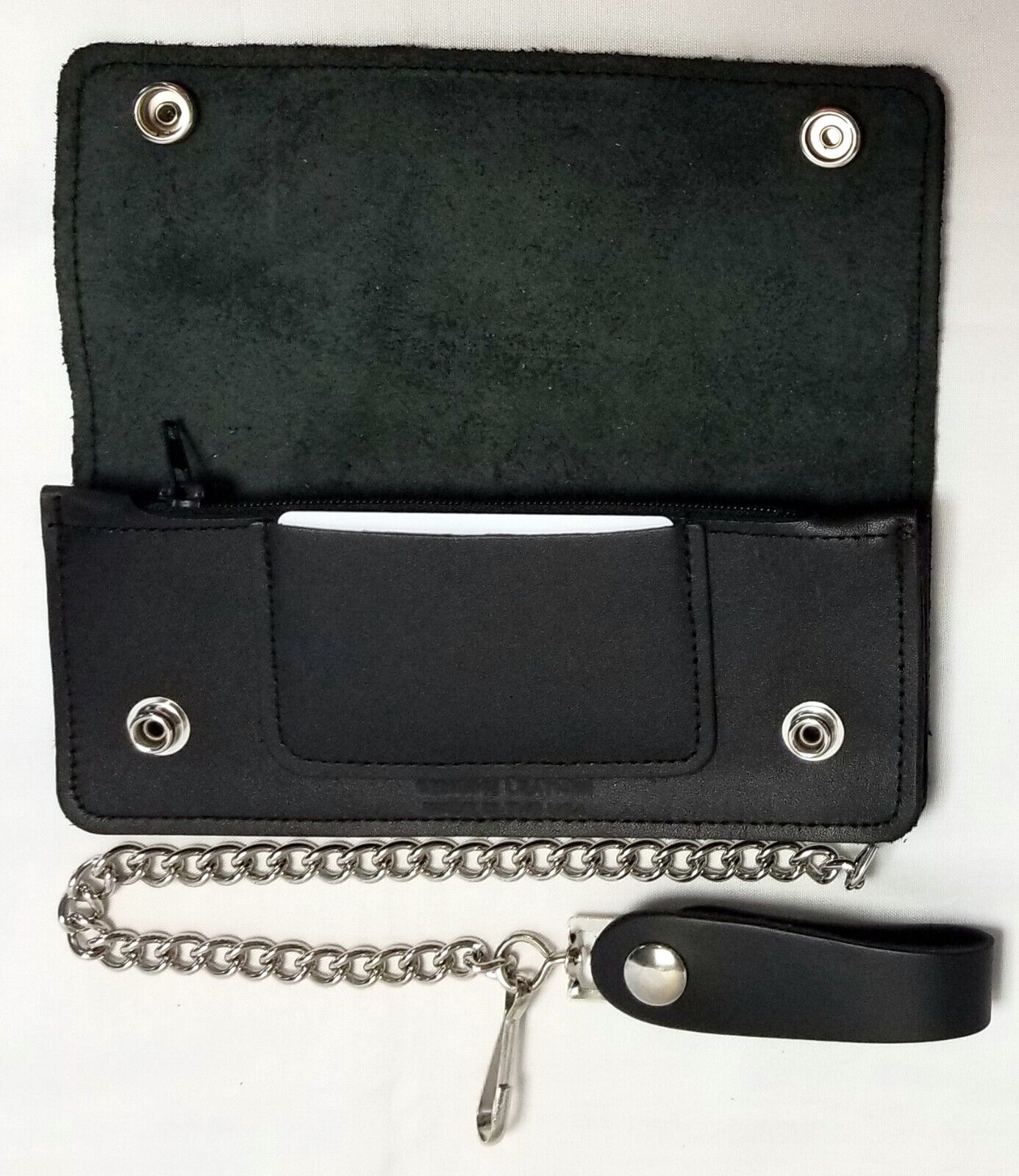Black Leather Trucker Wallet With Buffalo Nickel Snaps & 12" Chain MADE IN USA