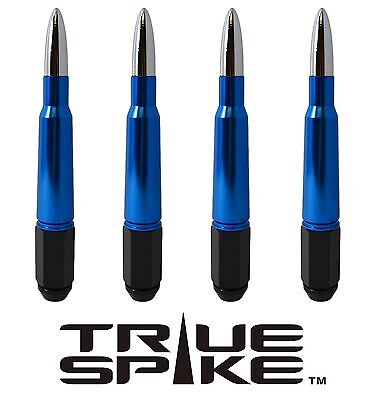 24 TRUE SPIKE 7 INCH 14X2.0 STEEL LUG NUTS W/ BLUE CHROME 50 CAL BULLET SPIKES