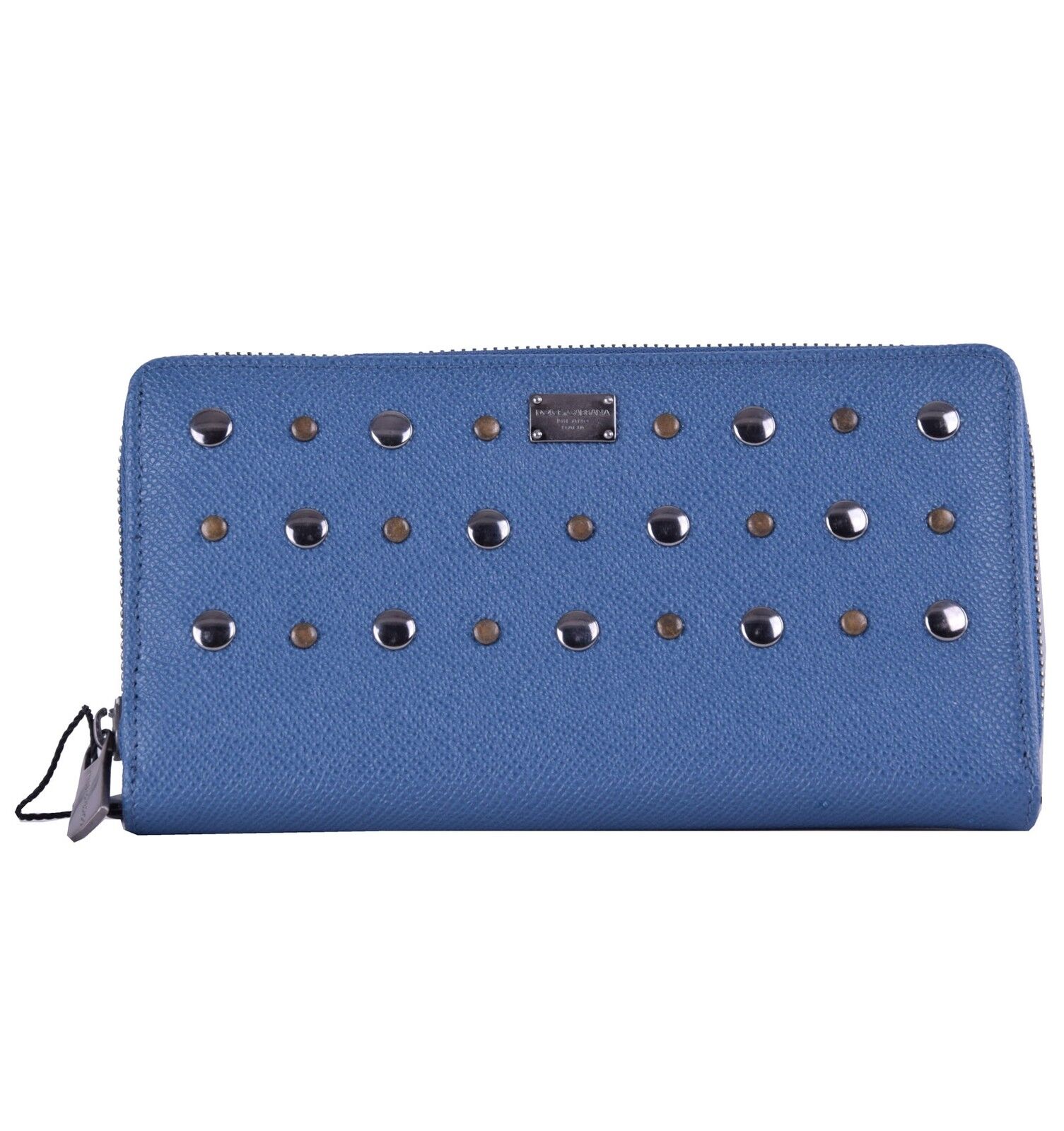 Pre-owned Dolce & Gabbana Unisex Studded Zip-around Dauphine Leather Wallet Blue 04752 In Multicolor