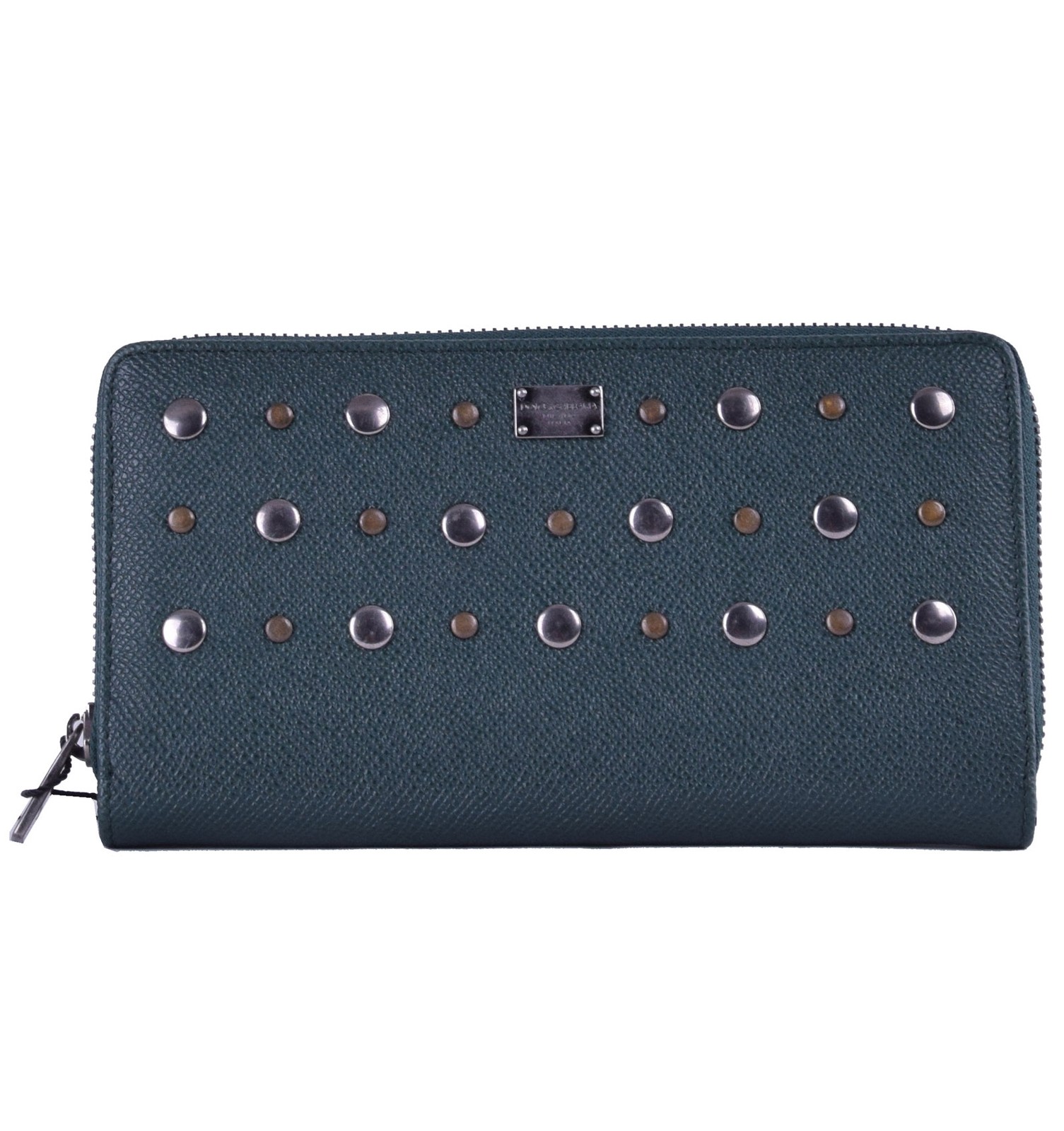 Pre-owned Dolce & Gabbana Unisex Studded Zip-around Dauphine Leather Wallet Green 04757