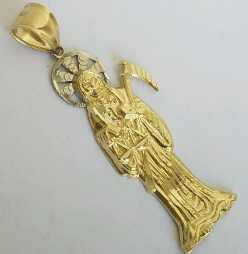 Pre-owned Love Jewels Inc Big 10k White Yellow Gold Santa Muerte Grim Reaper Angel Death Pendant 2 .25" Lg