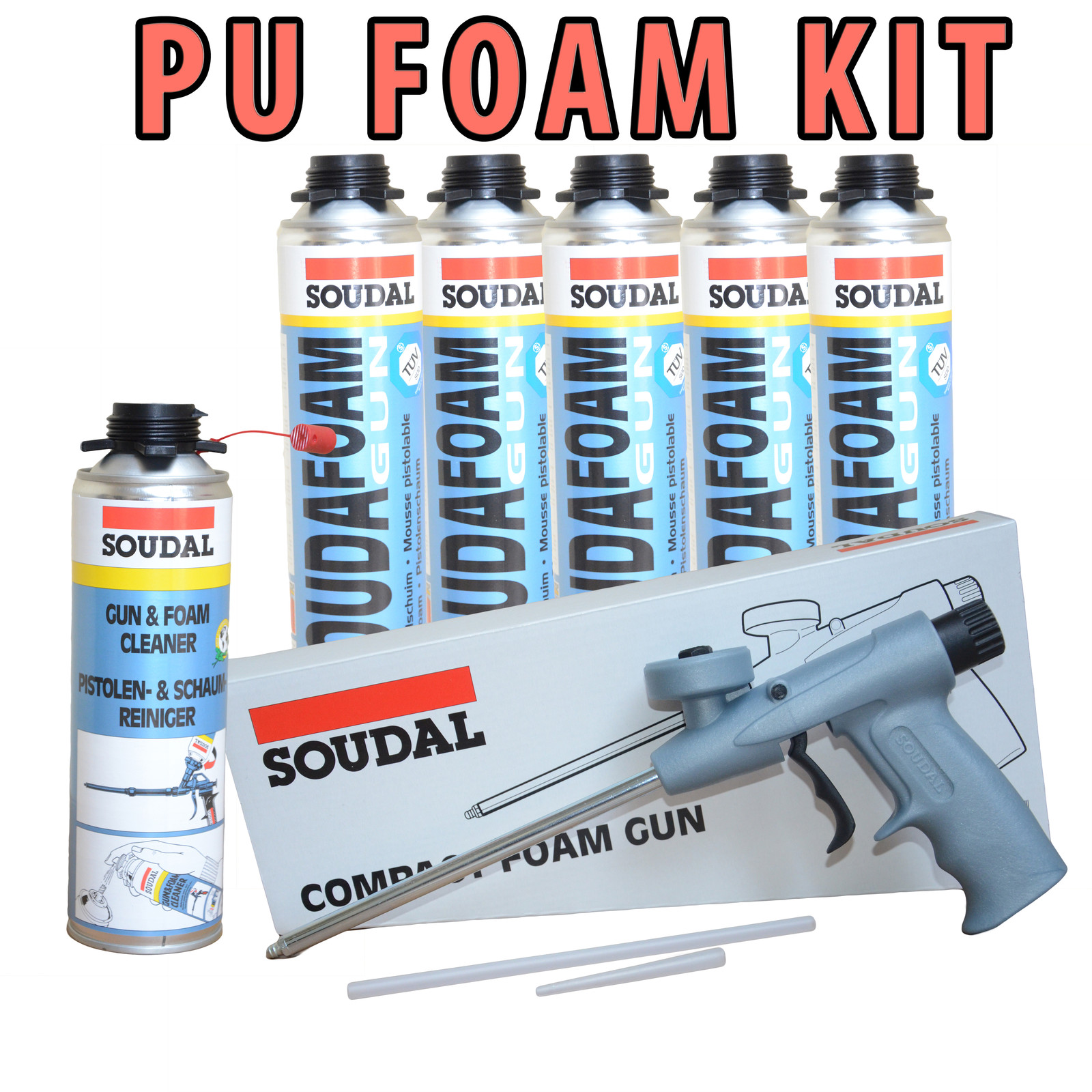 SOUDAL PU EXPANDING FOAM KIT 5 CANS 750ML + COMPACT GUN + GUN CLEANER