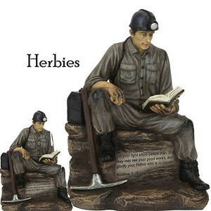 Classic Coal Miner Reading The Bible, Figurine Statue, New In Gift Box