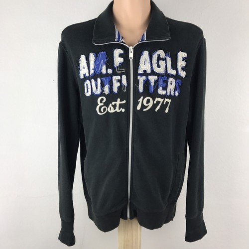 AMERICAN EAGLE Full Zip Up and Collar Black Fleece Sweatshirt Adult Size XL
