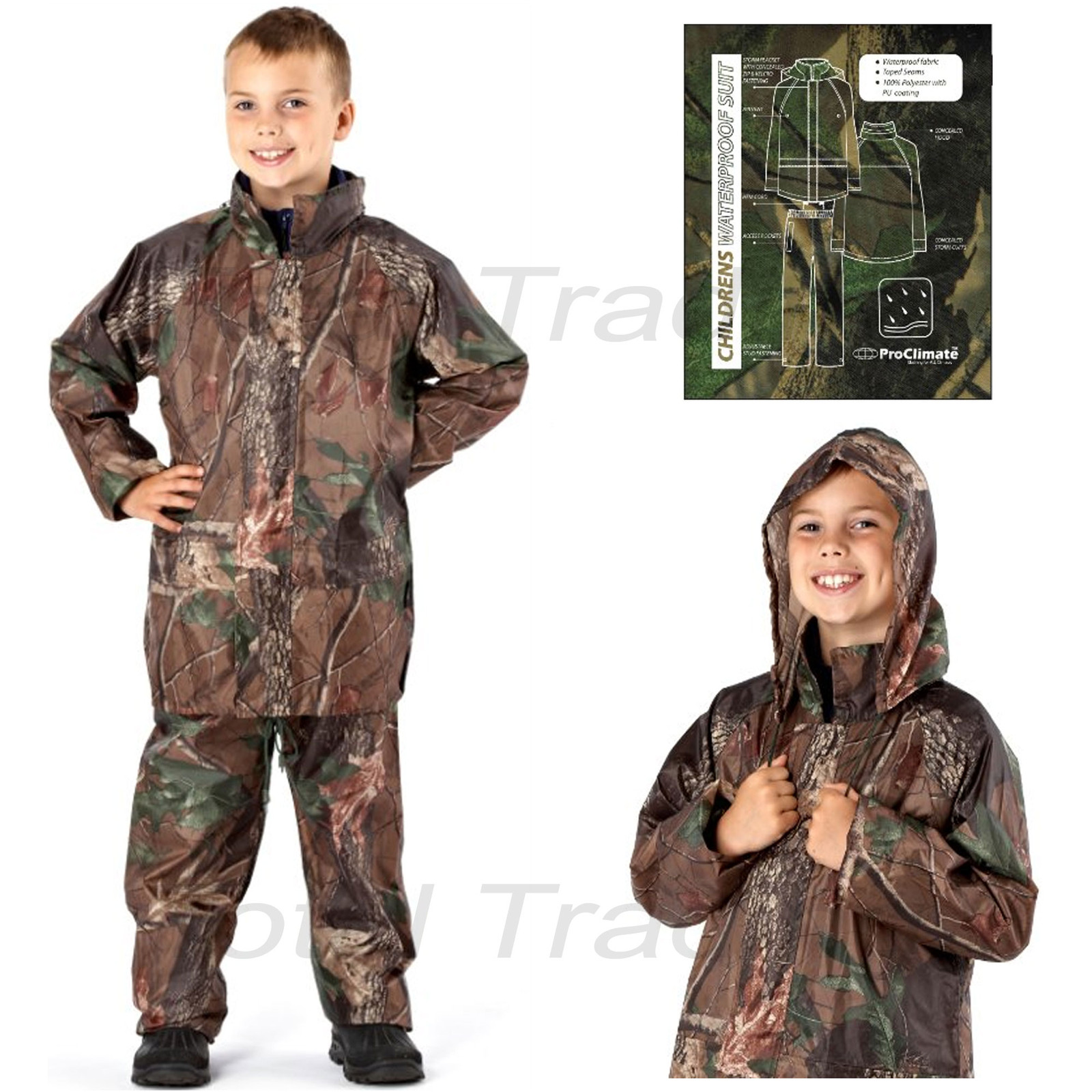 boys Childrens Camouflage Waterproof Rain Suit Coat & Trousers Pants
