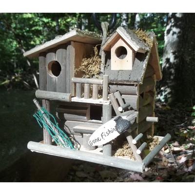 BIRDHOUSE: Gone Fishing Wood Log Cabin Bird ...