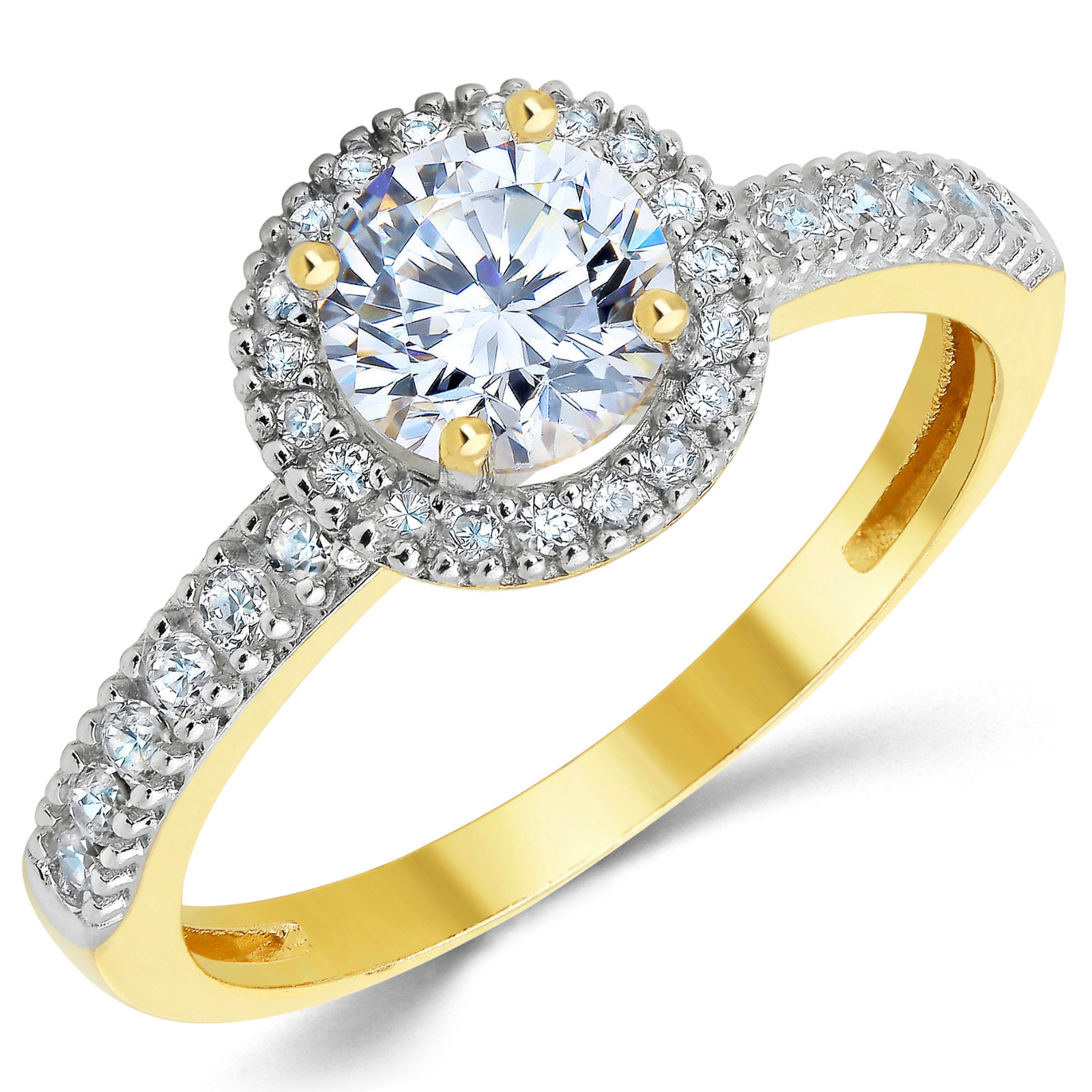 Pre-owned White Star Jewels 14k Solid Yellow Gold Cz Cubic Zirconia Halo Design Solitaire Engagement Ring In White/colorless