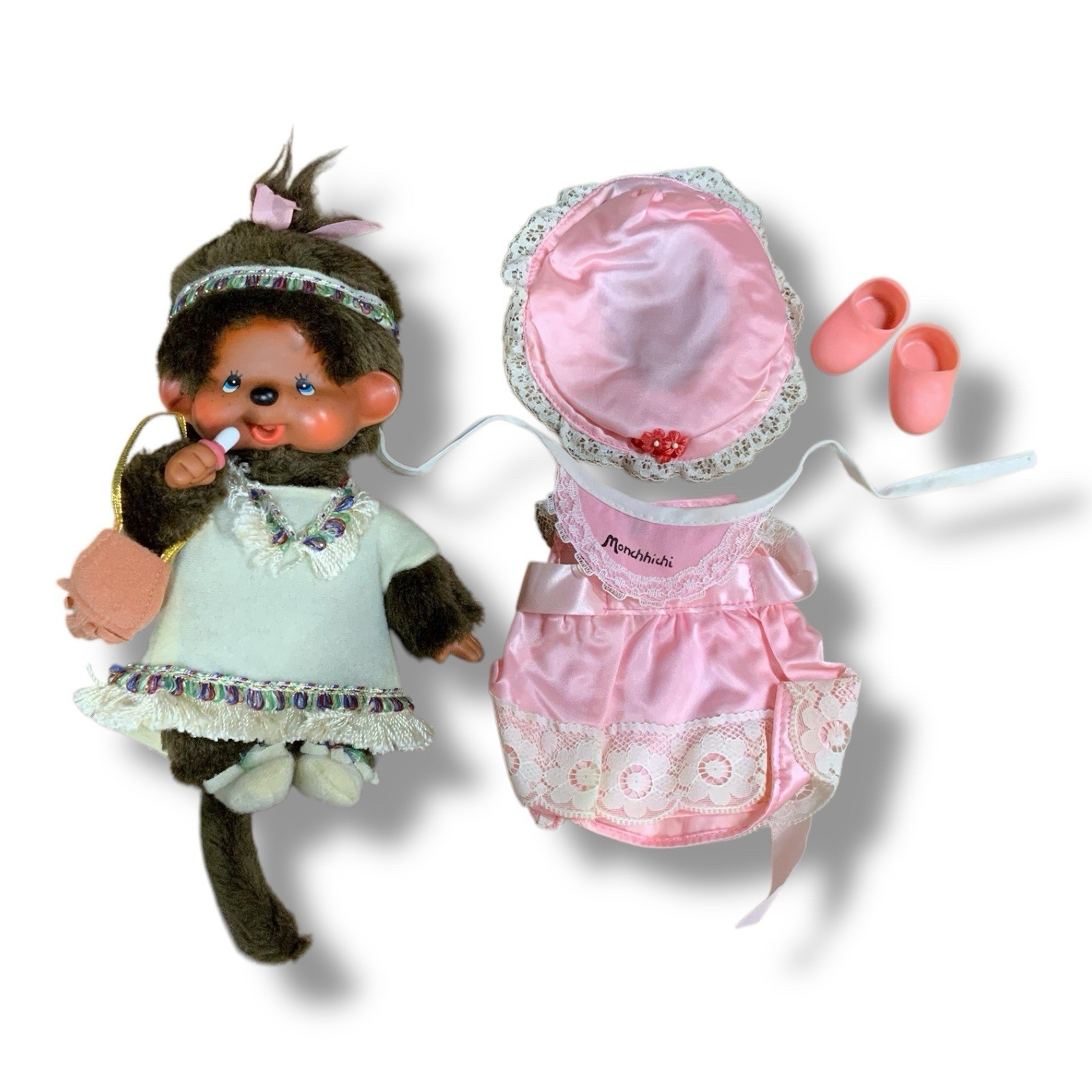 1974 Sekiguchi Monchhichi Pacifier  Sucking Monkey Pink Dress Vintage 8" Japan