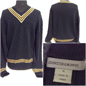 Johnston-Murphy-Sweater-XL-Mens-Black-Stripe-Cable-Knit-V-Neck-F1862 ...