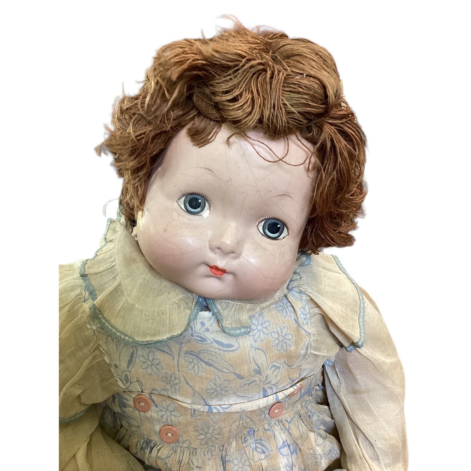 Antique 24” Effanbee Baby Doll Cotton Yarn Hair in Dress