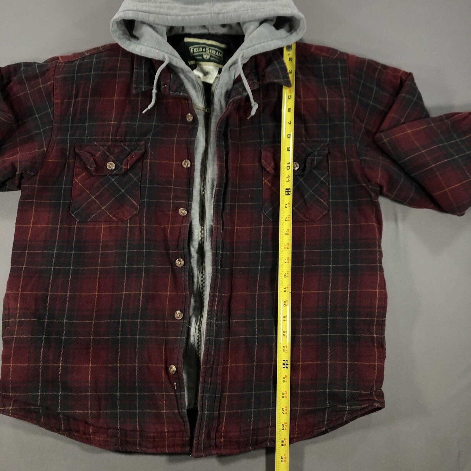 Field & Stream Flannel Red Plaid Hoodie Quilted Shacket Button Zip Men's Large