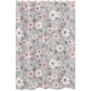 Grey Shabby Chic Watercolor Floral Bathroom Fabric Shower Curtain by Sweet Jojo