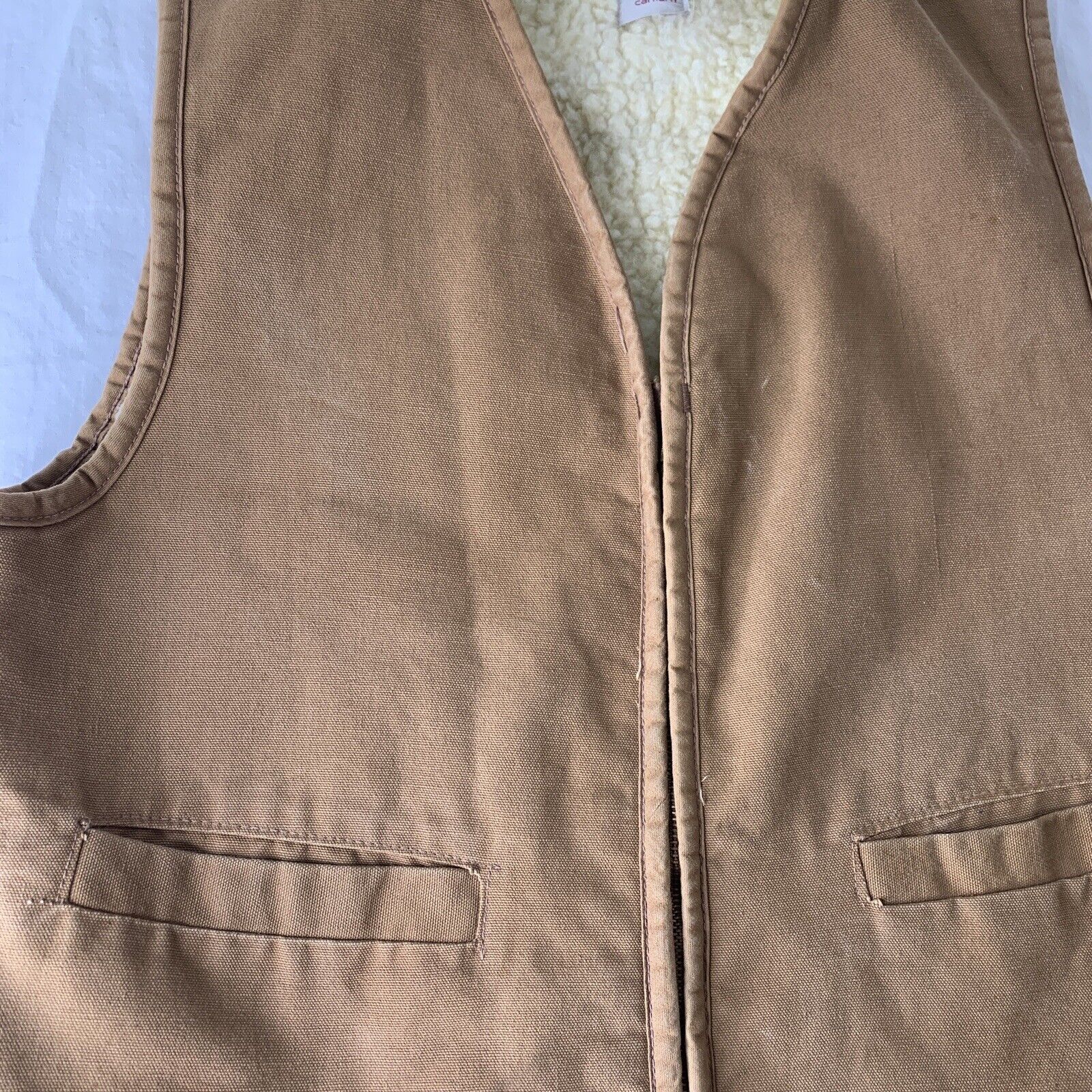 Vintage 90’s Carhartt Hunting Sherpa Lined Canvas Vest XL Zip Up Brown Work USA