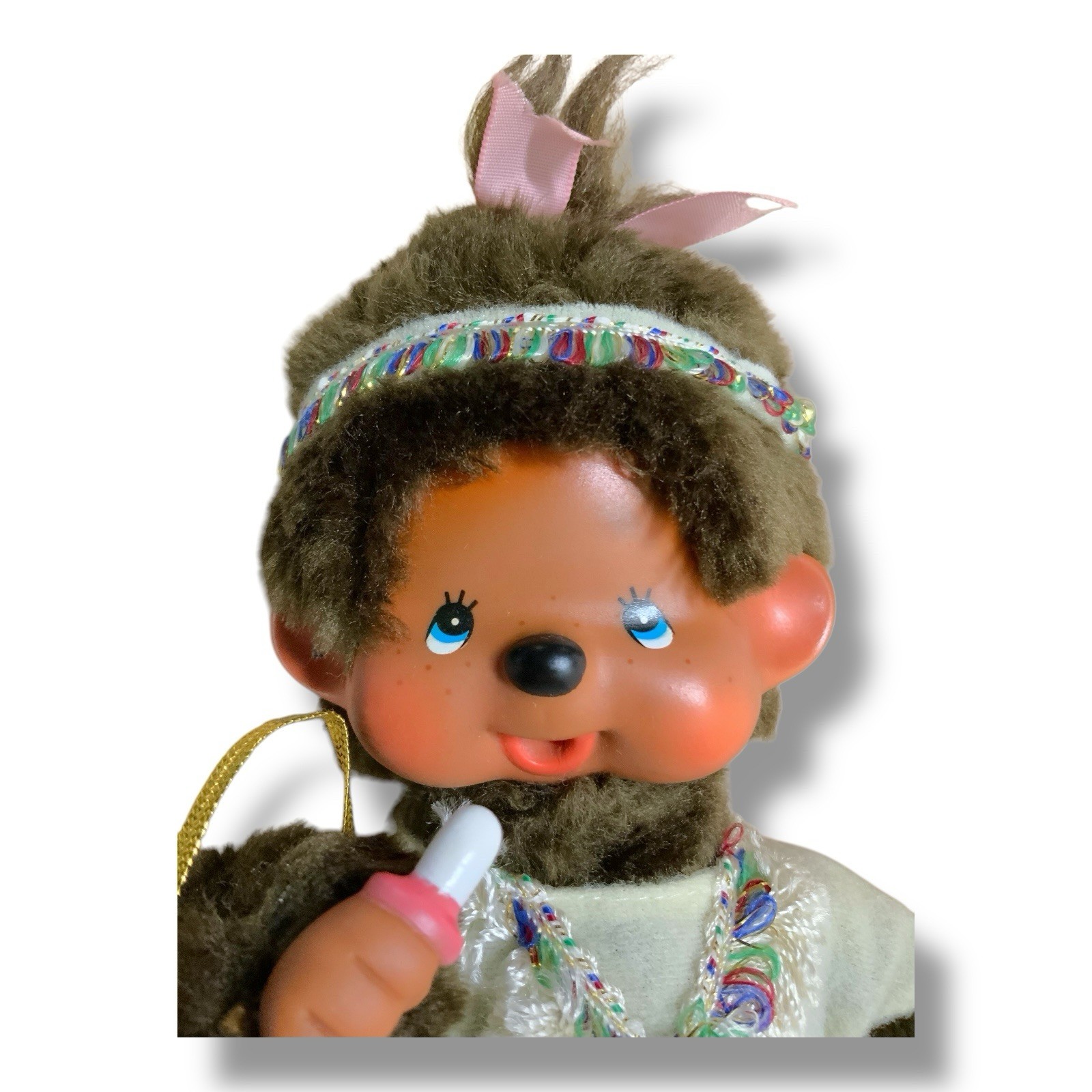 1974 Sekiguchi Monchhichi Pacifier  Sucking Monkey Pink Dress Vintage 8" Japan