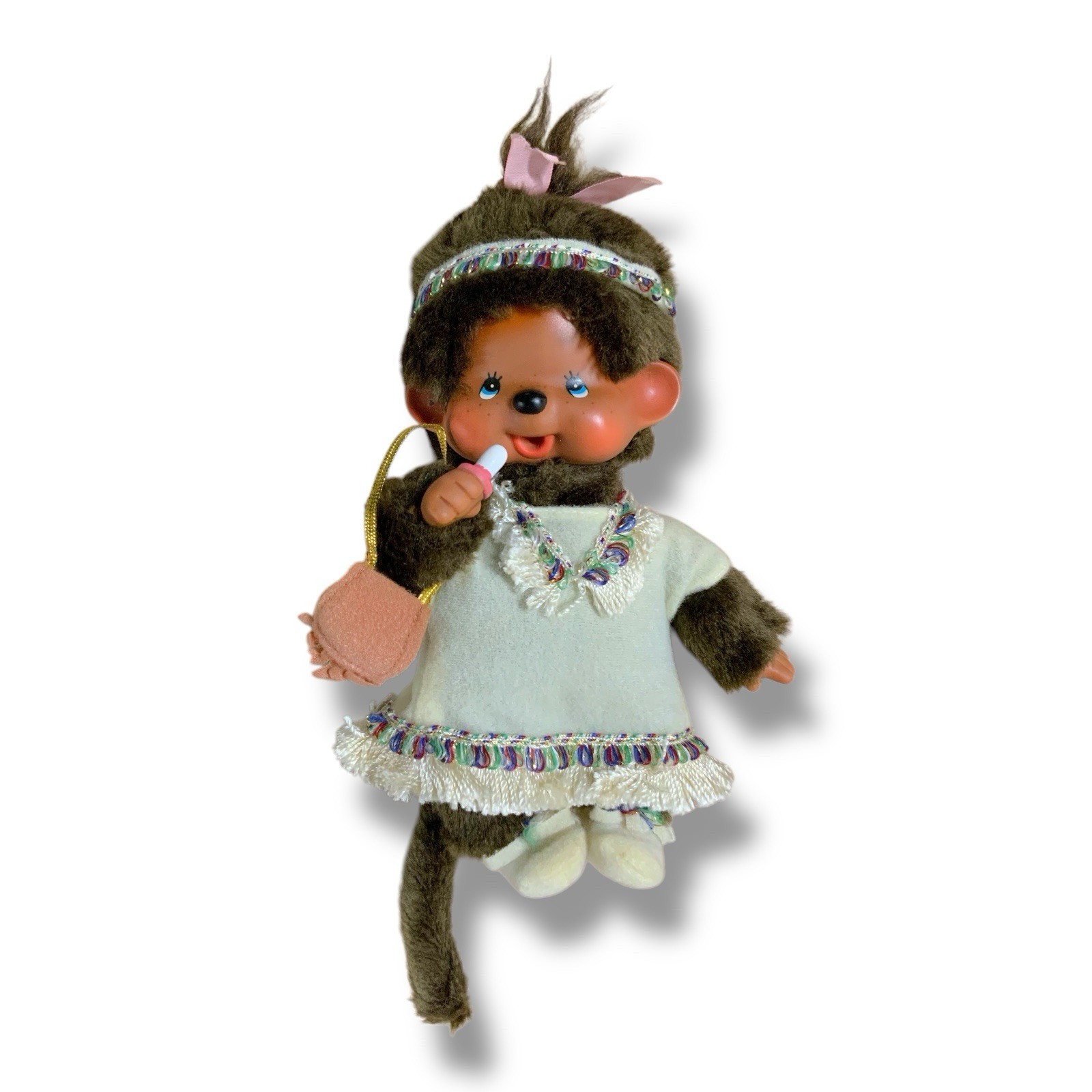 1974 Sekiguchi Monchhichi Pacifier  Sucking Monkey Pink Dress Vintage 8" Japan