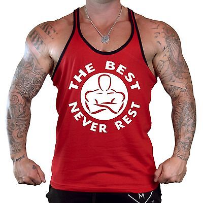 Men's Best Never Rest Red Stringer Tank Top Workout Fitness Gym Flex Muscle