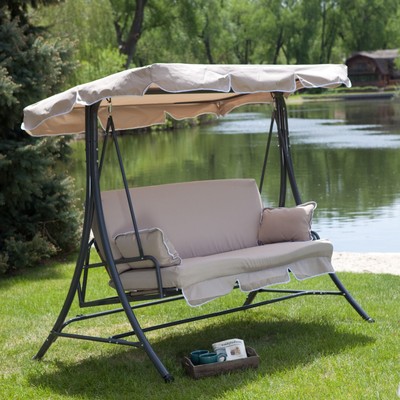 Cappuccino Beige Canopy 3-Seat Converting Patio Swing ...