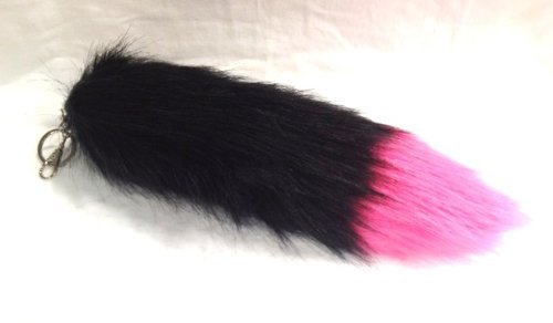 BLACK-W-PINK-TIP-FAUX-FOXTAIL-KEYCHAIN-RING-PURSE-TASSLE-BELT-CLIP-9-10-NEW