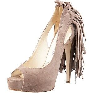 Pre-owned Brian Atwood Verner Suede Fringe Platform Peep Open Toe Pumps Shoes Grey $1,155 In Gray