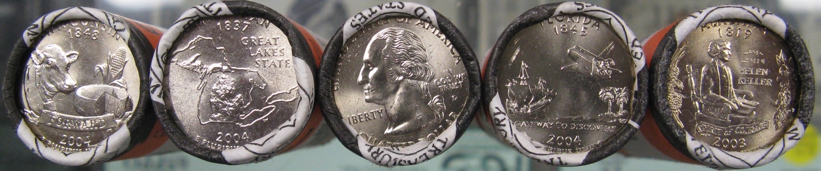 5 U.S. Mint wrapped BU rolls State Quarters: WI-P, MI-P, LA-D, FL-D, AL-P