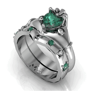 Sterling-Silver-Ladies-Green-White-CZ-Claddagh-Wedding-Ring-Set