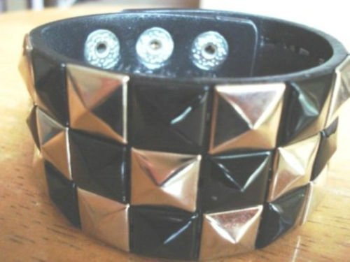 Black-Silver-triple-row-Checkered-Studded-Black-Leather-Bracelet-Brand-New